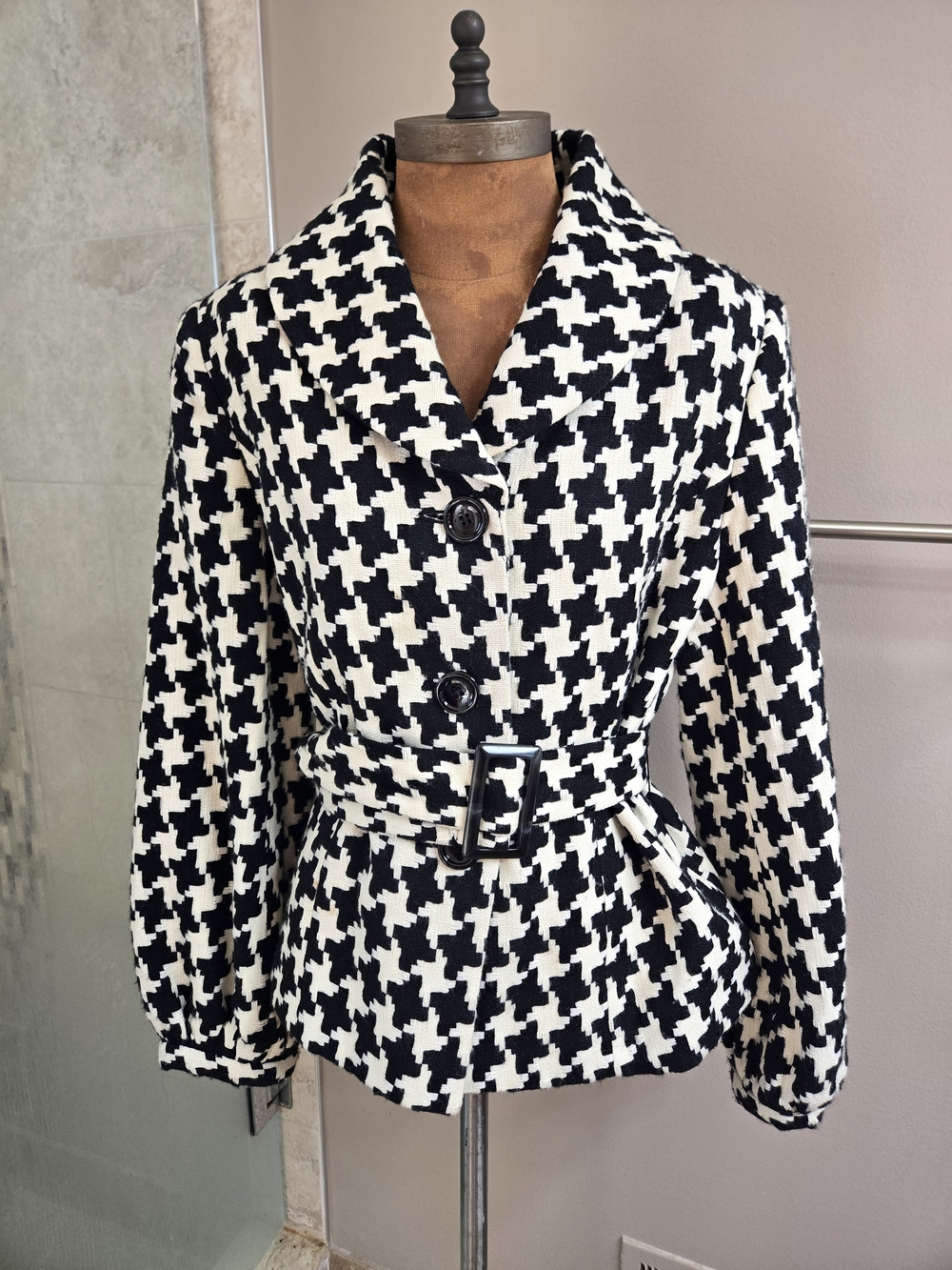 Chadwicks Black & White Houndstooth Belted Pea Coat